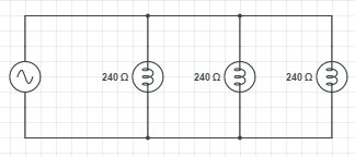 circuit with 3 bulbs with 240 ohms resistance, each on its own branch